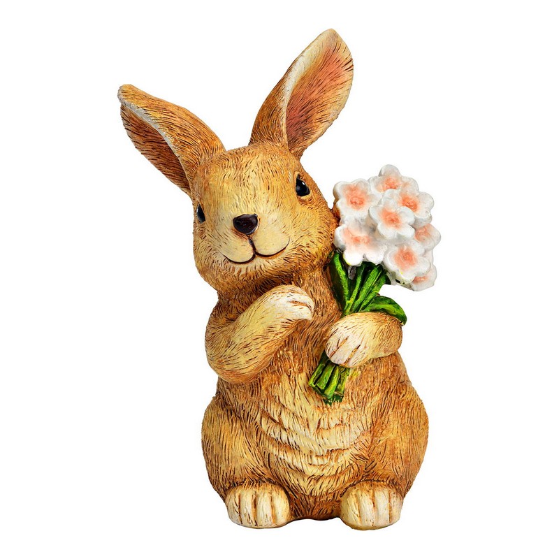 Coniglio decorativo in resina con mazzo di fiori