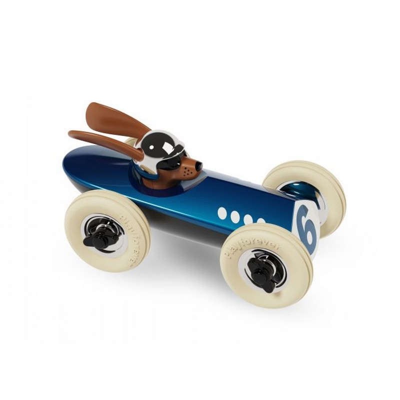 Modellino auto da corsa blu con cane “Midi Rufus Bertie”