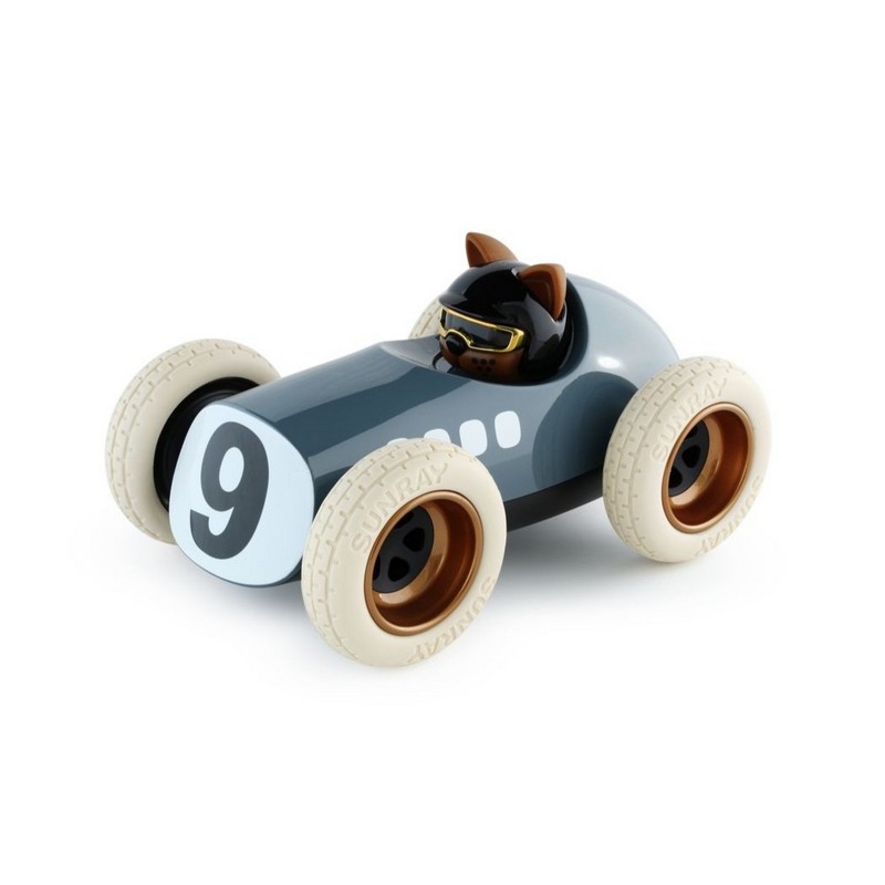 Modellino auto da corsa blu con gatto pilota 