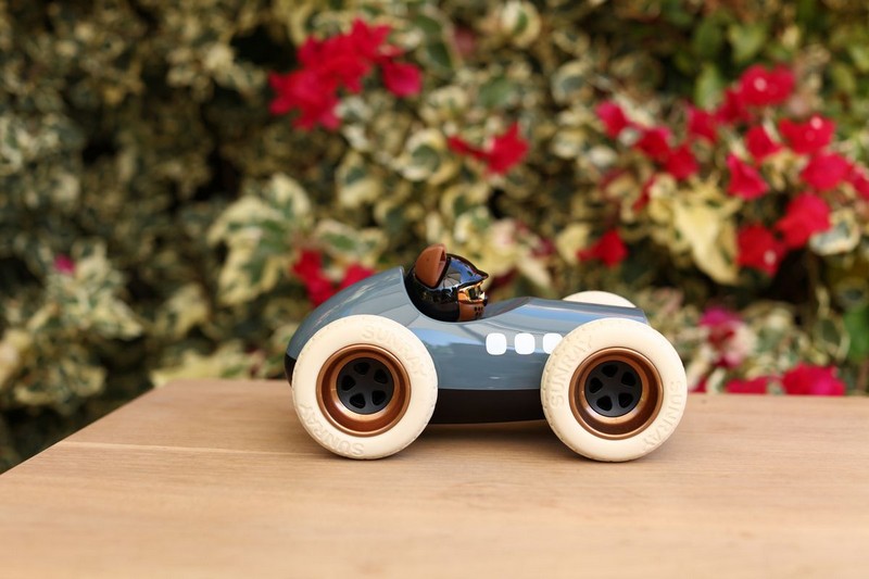 Modellino auto da corsa blu con gatto pilota 