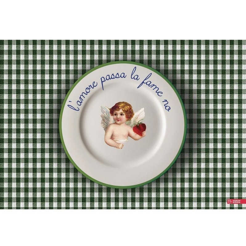 Tovaglietta americana in plastica flessibile decorata con angelo e scritta “L'amore passa, la fame no”