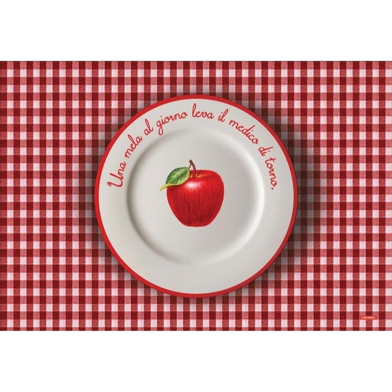 Tovaglietta americana in plastica flessibile decorata con mela e scritta “Una mela al giorno leva il medico di torno”