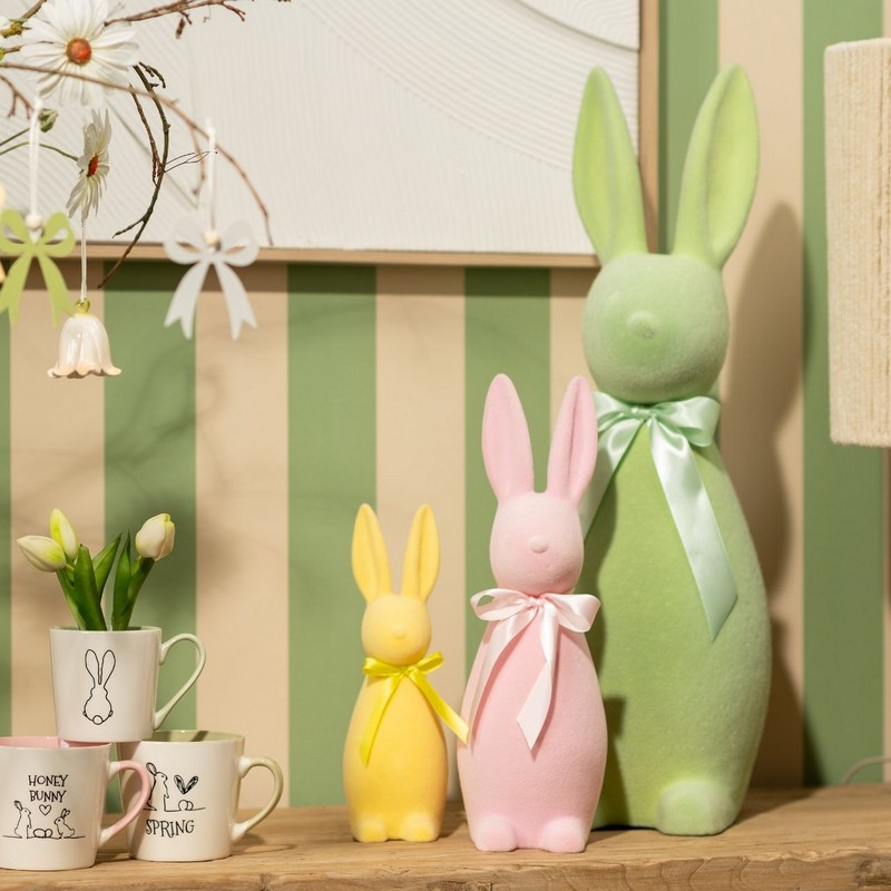 Coniglio pasquale giallo floccato in ceramica