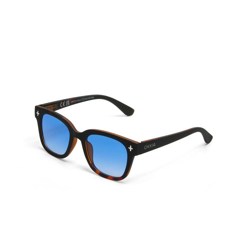Occhiale da sole squadrato color havana nero con lenti blu gradiente