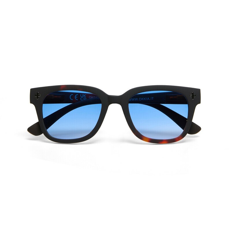 Occhiale da sole squadrato color havana nero con lenti blu gradiente