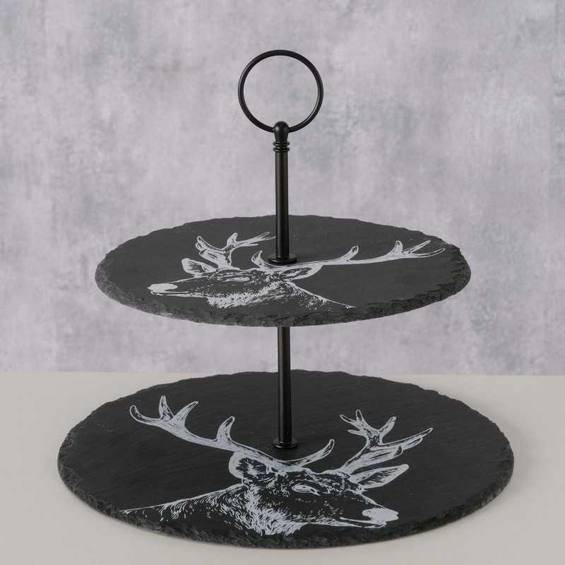 Alzata in ardesia a 2 piani decorata con cervi, perfetta come idea regalo per la cucina