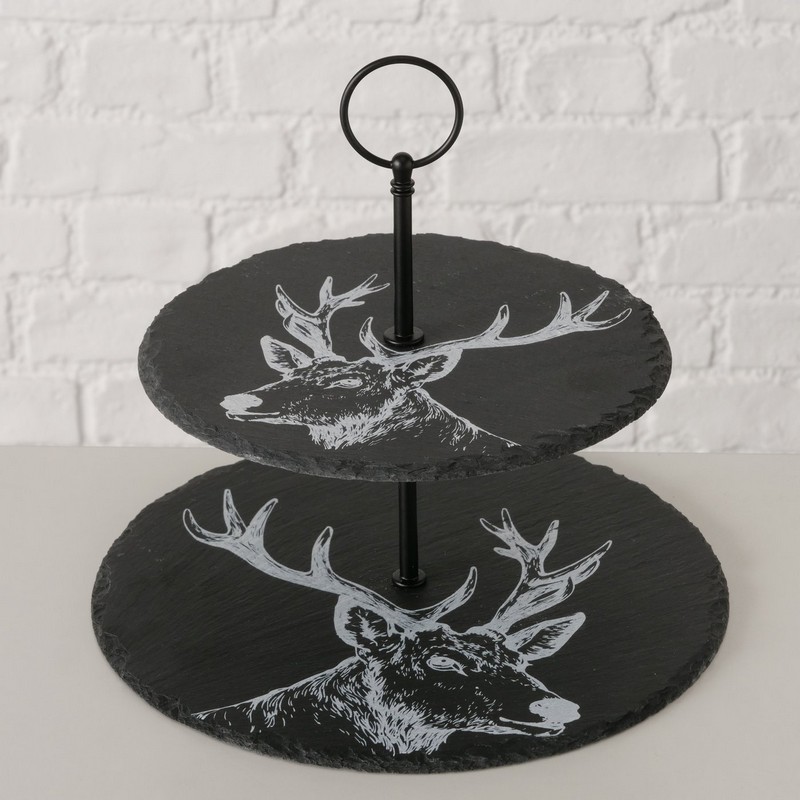 Alzata in ardesia a 2 piani decorata con cervi, perfetta come idea regalo per la cucina
