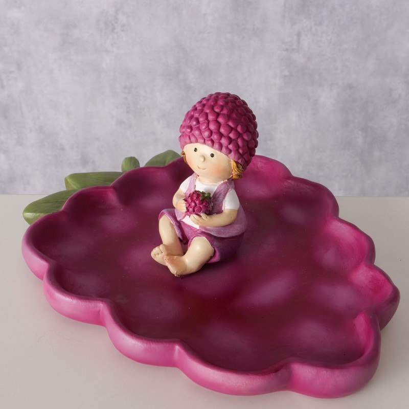 Piatto decorativo a forma di grappolo d'uva viola con statuetta di bambino a tema, realizzato in poliresina