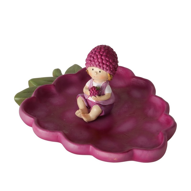 Piatto decorativo a forma di grappolo d'uva viola con statuetta di bambino a tema, realizzato in poliresina