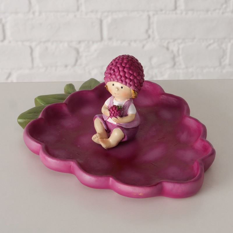 Piatto decorativo a forma di grappolo d'uva viola con statuetta di bambino a tema, realizzato in poliresina