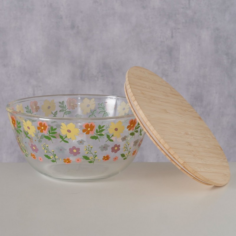 Ciotola floreale in vetro con coperchio in bambù, utilizzabile come insalatiera, perfetta per i tuoi pasti primaverili