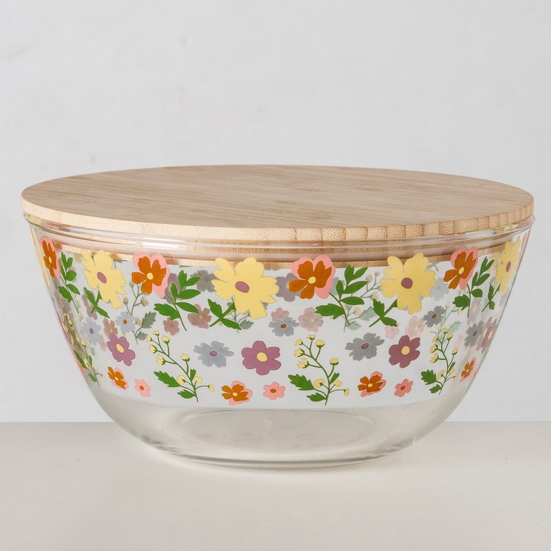 Ciotola floreale in vetro con coperchio in bambù, utilizzabile come insalatiera, perfetta per i tuoi pasti primaverili
