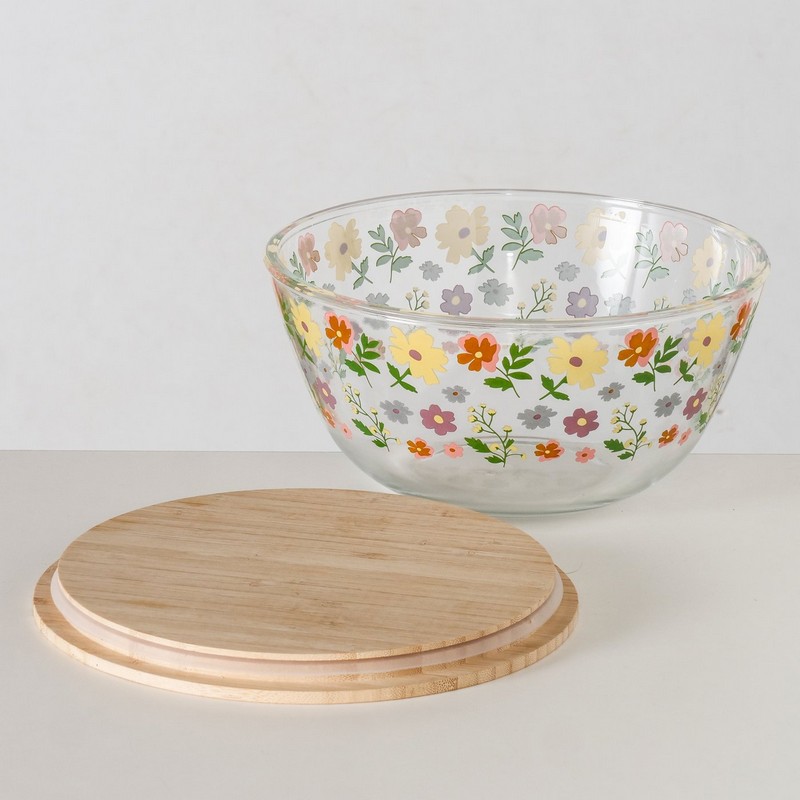 Ciotola floreale in vetro con coperchio in bambù, utilizzabile come insalatiera, perfetta per i tuoi pasti primaverili