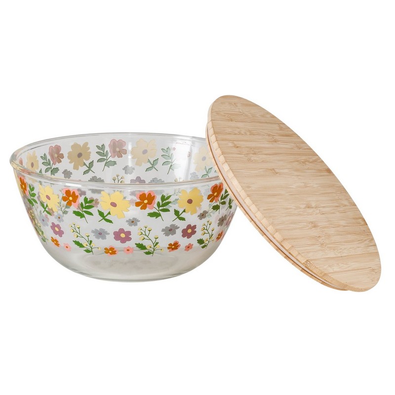 Ciotola floreale in vetro con coperchio in bambù, utilizzabile come insalatiera, perfetta per i tuoi pasti primaverili