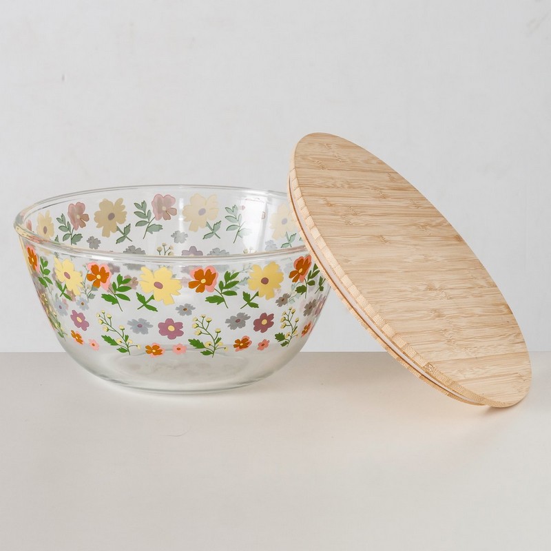 Ciotola floreale in vetro con coperchio in bambù, utilizzabile come insalatiera, perfetta per i tuoi pasti primaverili