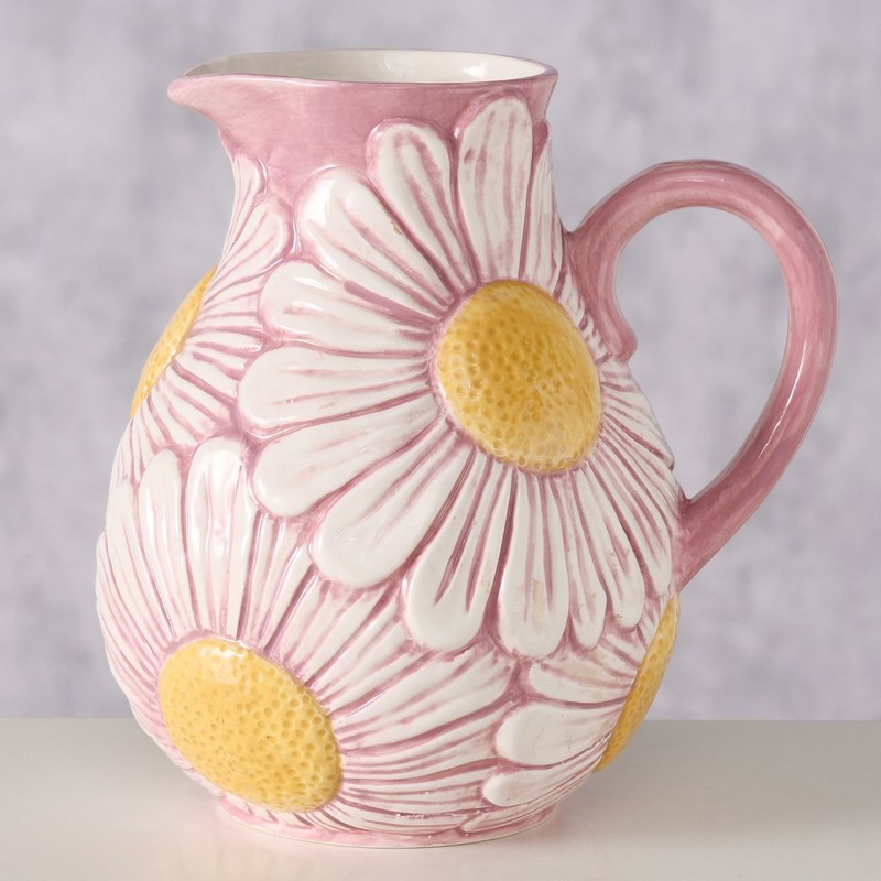 Caraffa per l'acqua in ceramica rosa con margherite bianche, perfetta per la tavola primaverile