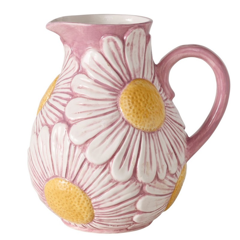 Caraffa per l'acqua in ceramica rosa con margherite bianche, perfetta per la tavola primaverile