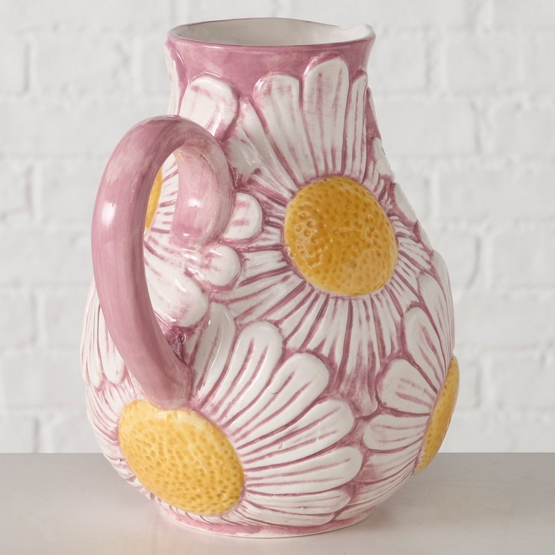 Caraffa per l'acqua in ceramica rosa con margherite bianche, perfetta per la tavola primaverile