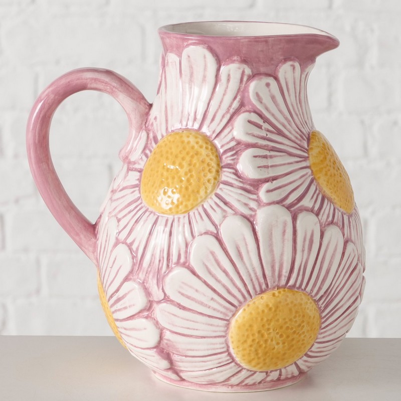 Caraffa per l'acqua in ceramica rosa con margherite bianche, perfetta per la tavola primaverile