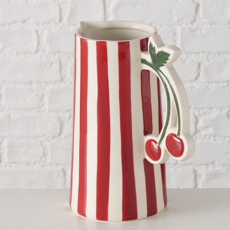 Caraffa per l'acqua in ceramica a righe bianche e rosse con manico a forma di ciliegie, perfetta per la tavola primaverile