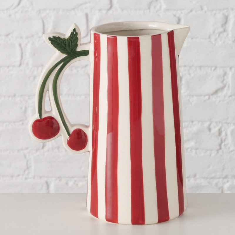 Caraffa per l'acqua in ceramica a righe bianche e rosse con manico a forma di ciliegie, perfetta per la tavola primaverile