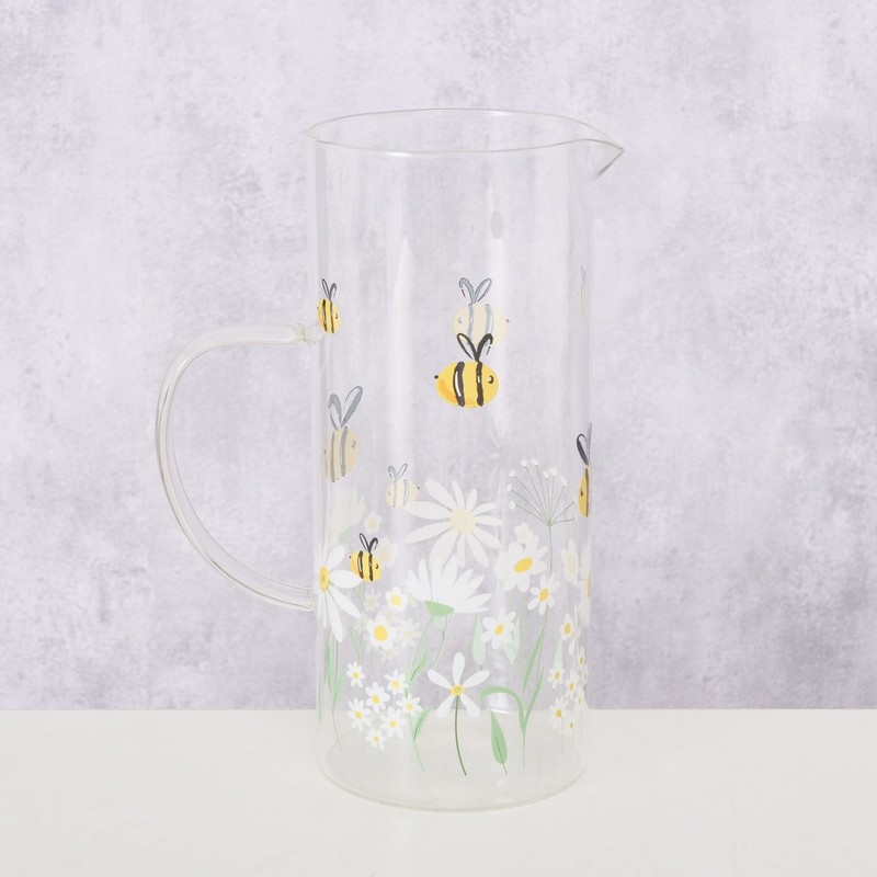 Caraffa per l'acqua in vetro decorata con api e fiori, perfetta per la tavola primaverile