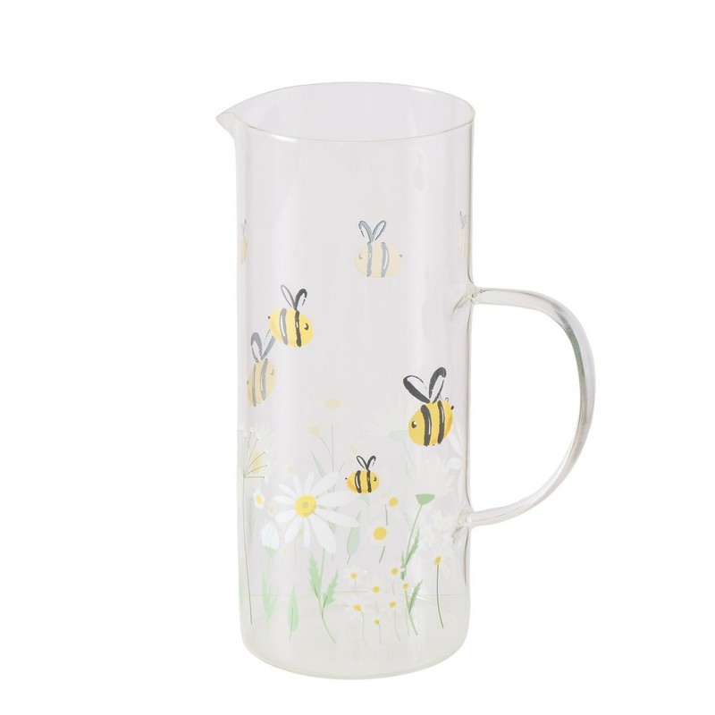 Caraffa per l'acqua in vetro decorata con api e fiori, perfetta per la tavola primaverile
