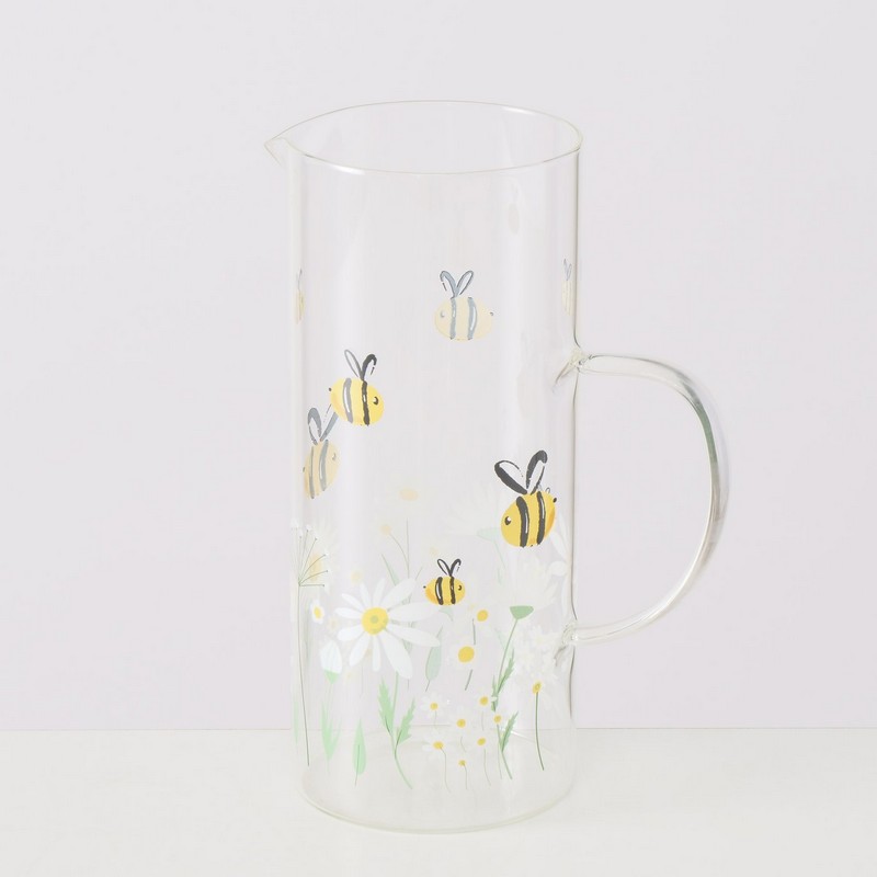 Caraffa per l'acqua in vetro decorata con api e fiori, perfetta per la tavola primaverile