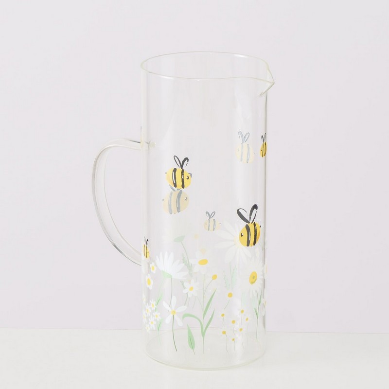 Caraffa per l'acqua in vetro decorata con api e fiori, perfetta per la tavola primaverile