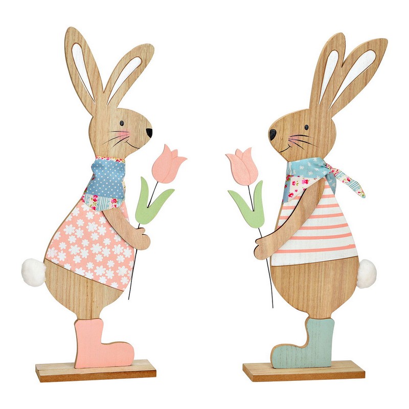 Coniglio pasquale in legno da appoggio con maglia a righe e fiore, perfetto per le tue decorazioni di Pasqua