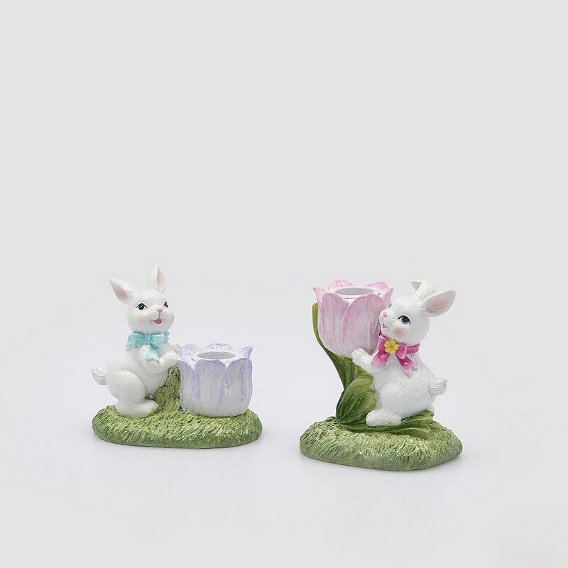 Portacandele coniglio con tulipano rosa, ideale come decorazione primaverile o pasquale