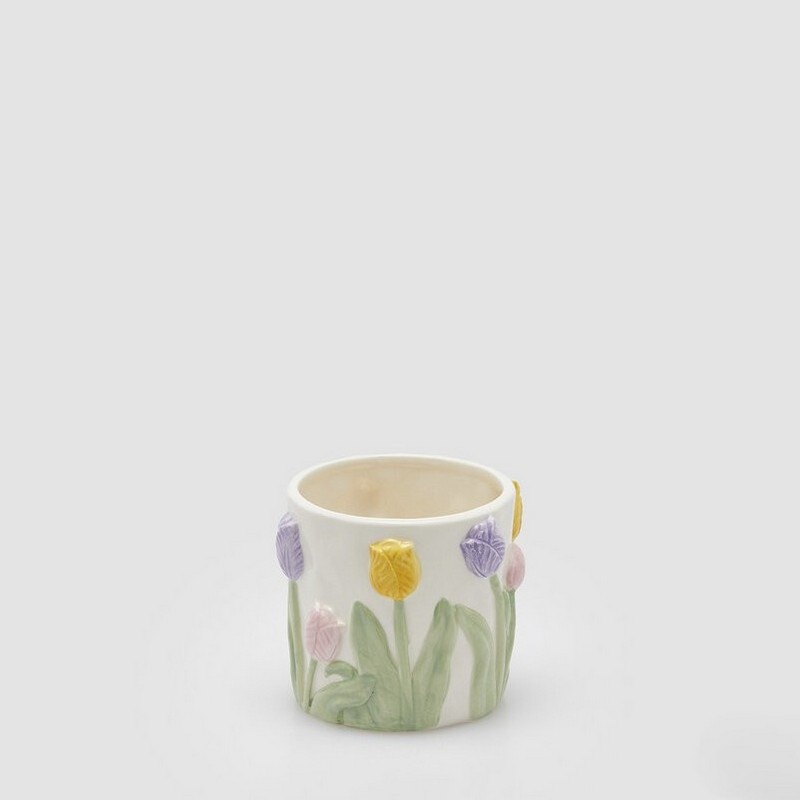 Vaso bianco con tulipani colorati in rilievo in ceramica, perfetto come decorazione primaverile