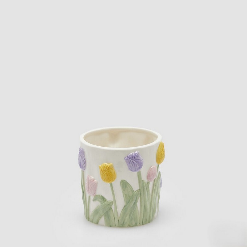 Vaso bianco con tulipani colorati in rilievo in ceramica, perfetto come decorazione primaverile