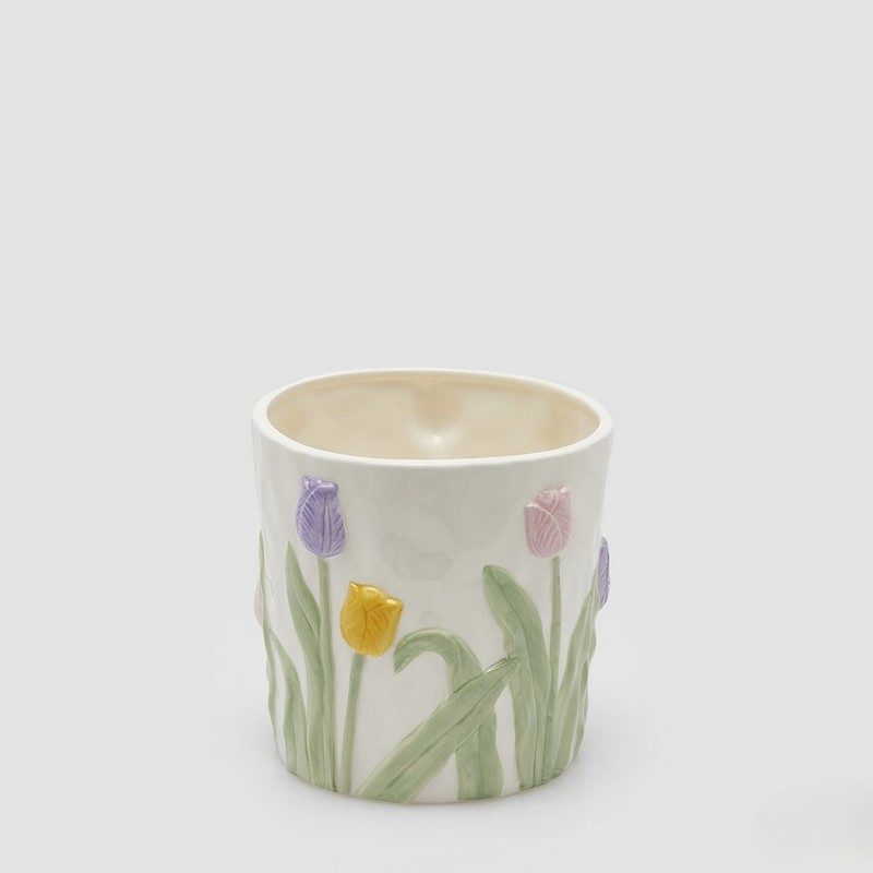 Vaso bianco con tulipani colorati in rilievo in ceramica, perfetto come decorazione primaverile