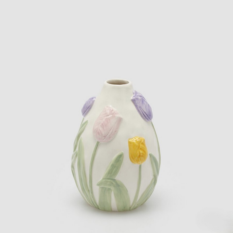 Vaso bianco bombato con tulipani colorati in rilievo in ceramica, perfetto come decorazione primaverile