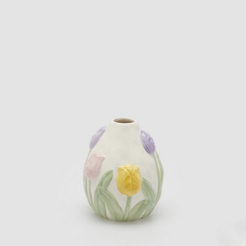 Vaso bianco bombato con tulipani colorati in rilievo in ceramica, perfetto come decorazione primaverile