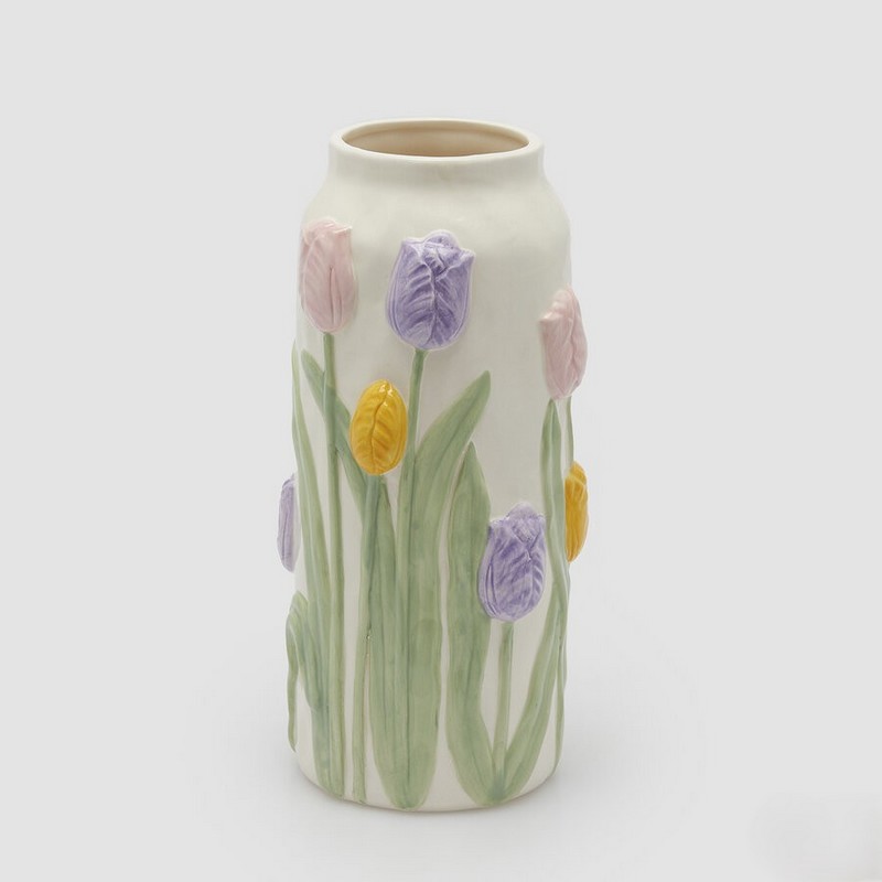 Vaso bianco con tulipani colorati in rilievo in ceramica, perfetto come decorazione primaverile