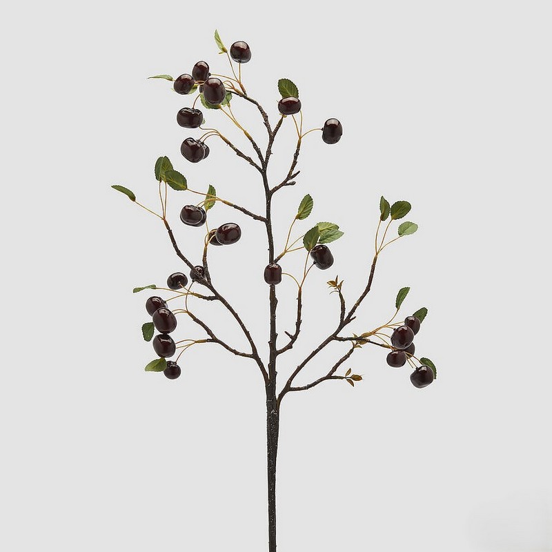 Ramo artificiale di ciliegie scure con foglie