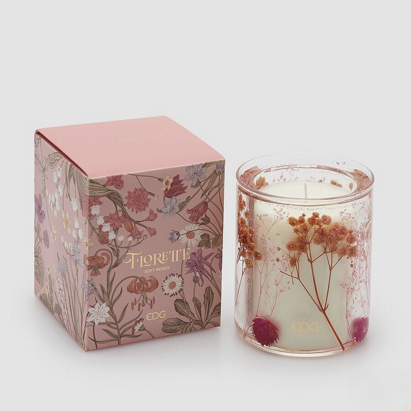 Candela profumata “Soft roses” in barattolo di vetro con fiori secchi rosa