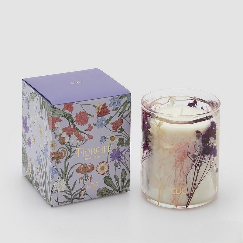 Candela profumata “Lotus jasmine” in barattolo di vetro con fiori secchi viola