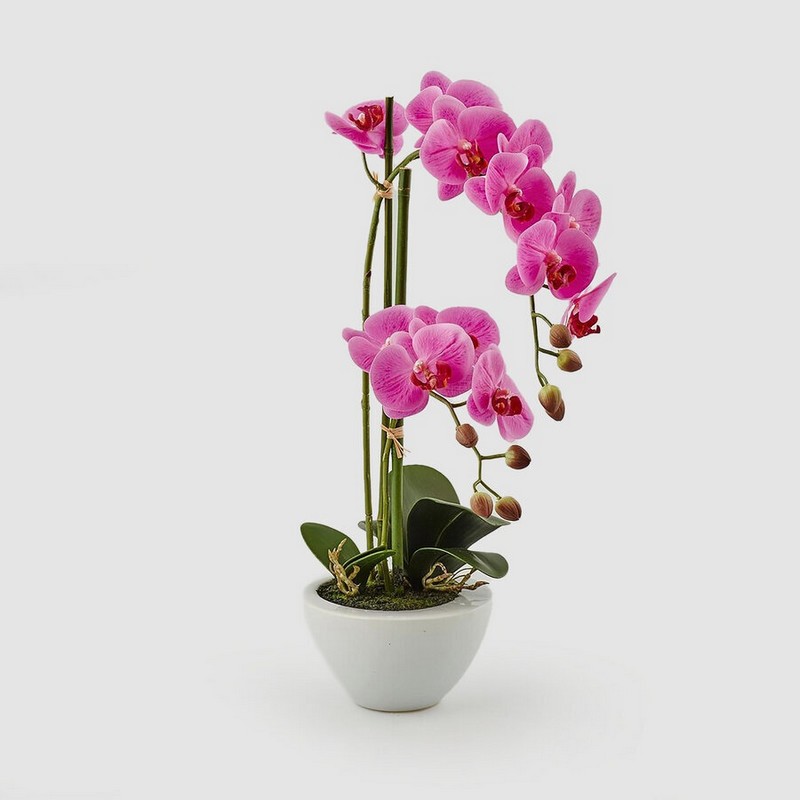 Orchidea fucsia artificiale in vaso, realistica al tatto, con terriccio e foglie