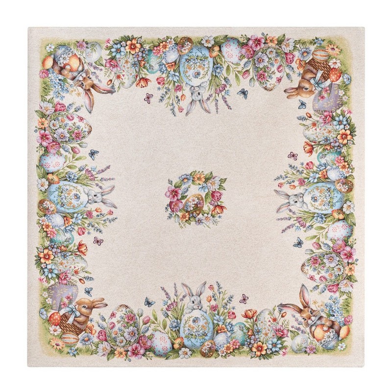 Centrotavola con conigli pasquali, fiori e uova in tessuto jacquard, perfetto come decorazione primaverile