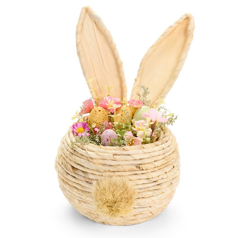 Cesto di vimini a forma di coniglio pasquale con uova e fiori, perfetto per le tue decorazioni di Pasqua