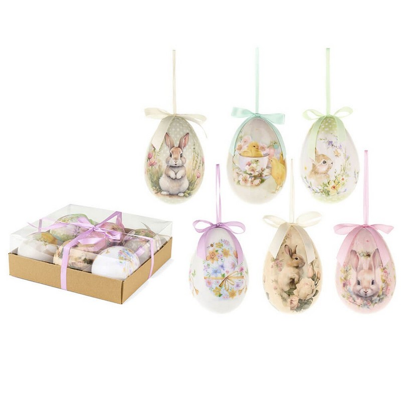 Set 6 uova di Pasqua decorate con conigli e pulcini, perfetto per le tue decorazioni di Pasqua
