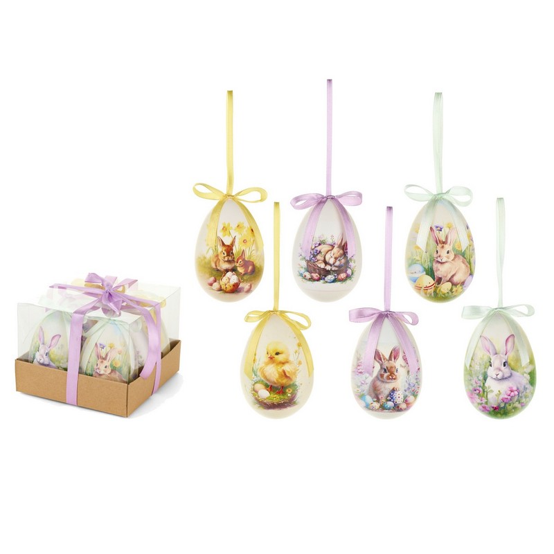 Set 6 uova di Pasqua decorate con conigli e pulcini, perfetto per le tue decorazioni di Pasqua