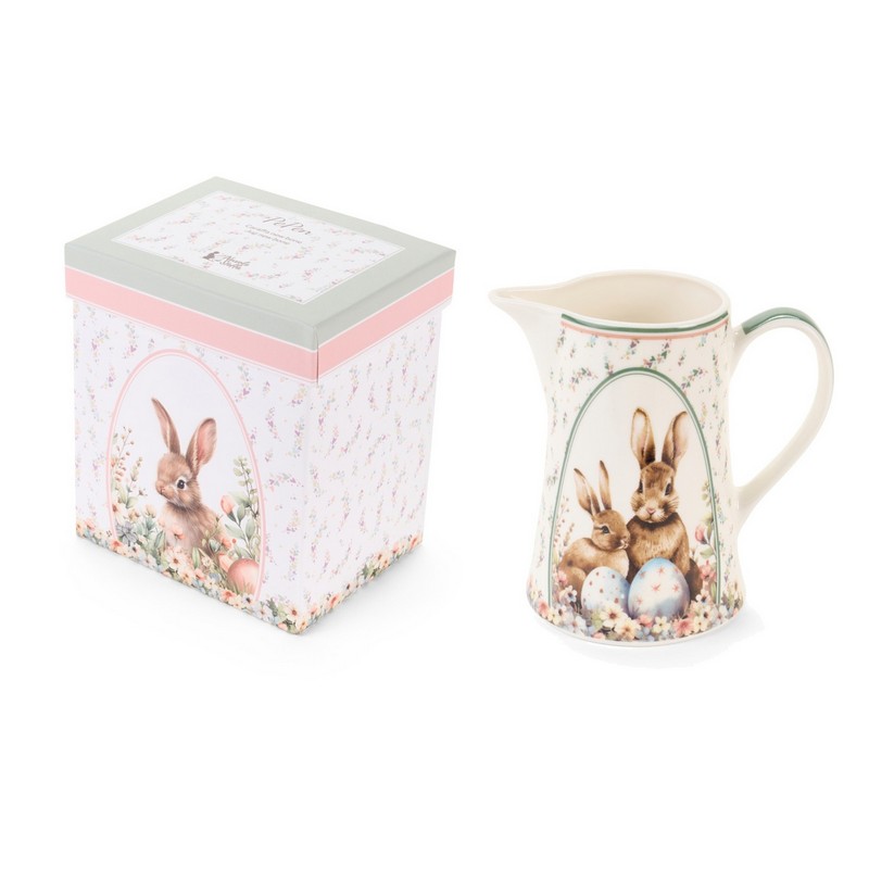 Caraffa per l'acqua in ceramica decorata con conigli pasquali e contenuta in scatola regalo, perfetta per la tavola di Pasqua