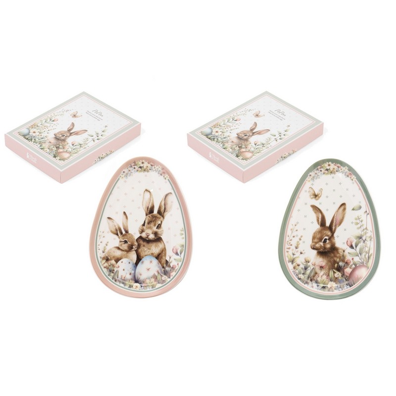 Piatto in ceramica a forma di uovo di Pasqua in scatola regalo con decoro assortito in 2 varianti 