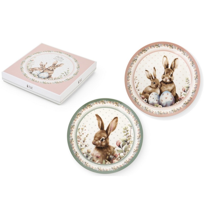 Set 2 piatti dolce in new bone china decorati con conigli pasquali e contenuti in scatola regalo