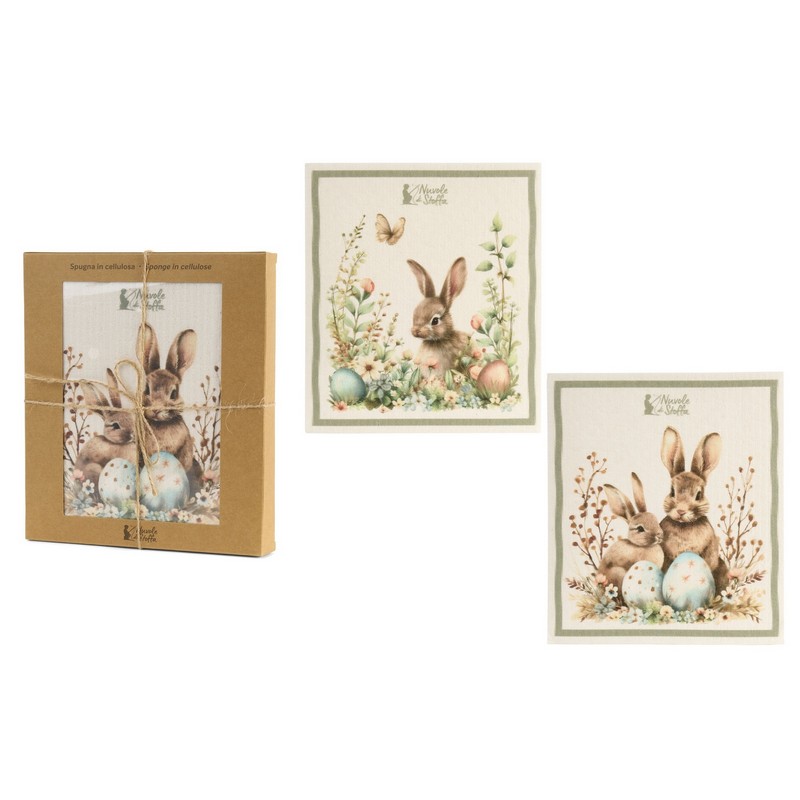 Set 6 spugne in cellulosa 100% compostabili decorate con conigli pasquali