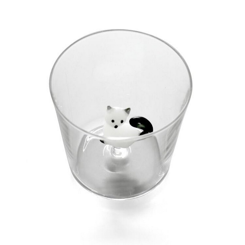 Bicchiere acqua con decoro interno in vetro borosilicato a forma di gatto bianco e grigio seduto